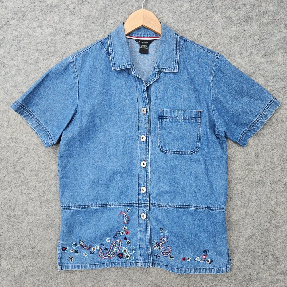 T & Company Denim Shirt Women's Small Blue Embroidered Paisley Floral Button Up